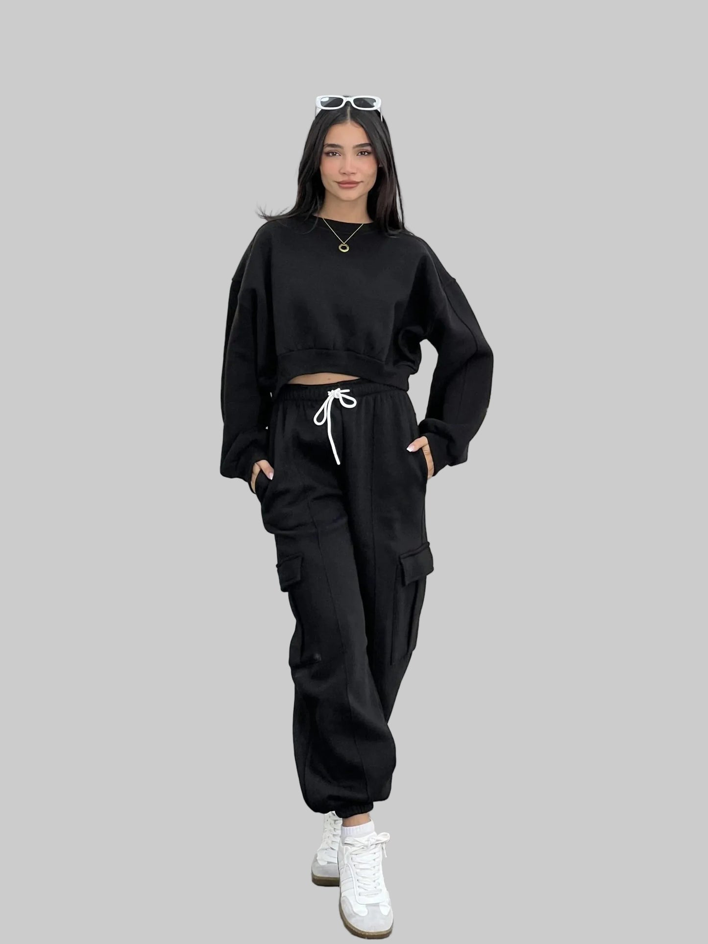 Casual Matching Set - Crewneck Top with Oversized Cargo Pocket Pants