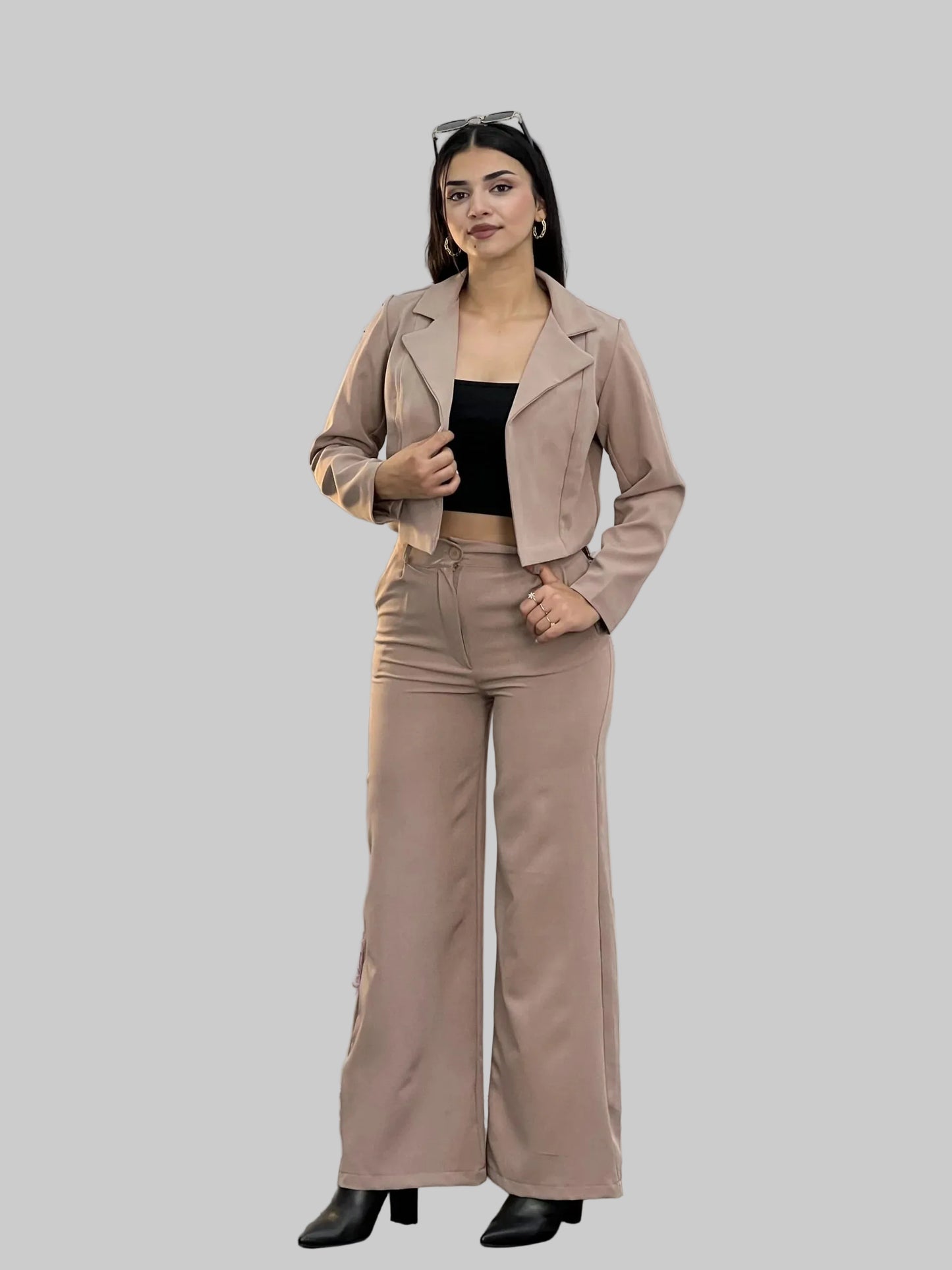 Elegant Business Casual Set - Tailored Cropped Jacket & High-Waist Pants