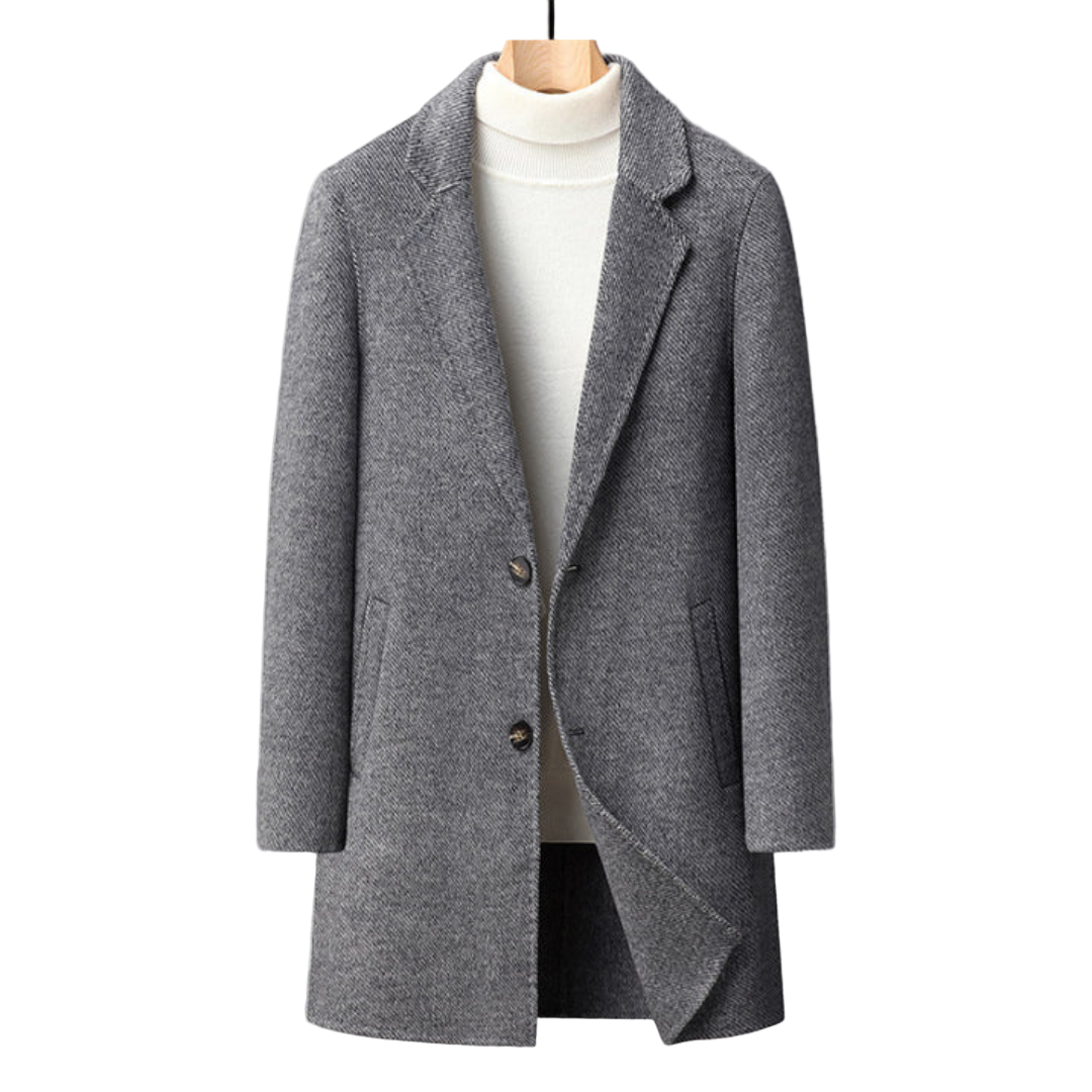 Gray coat on a mannequin against a gray background