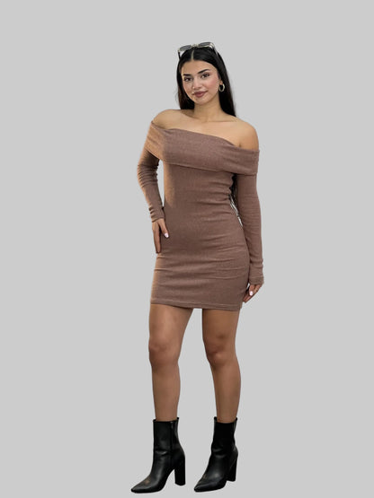 Off-the-Shoulder Long Sleeve Ribbed Mini Dress