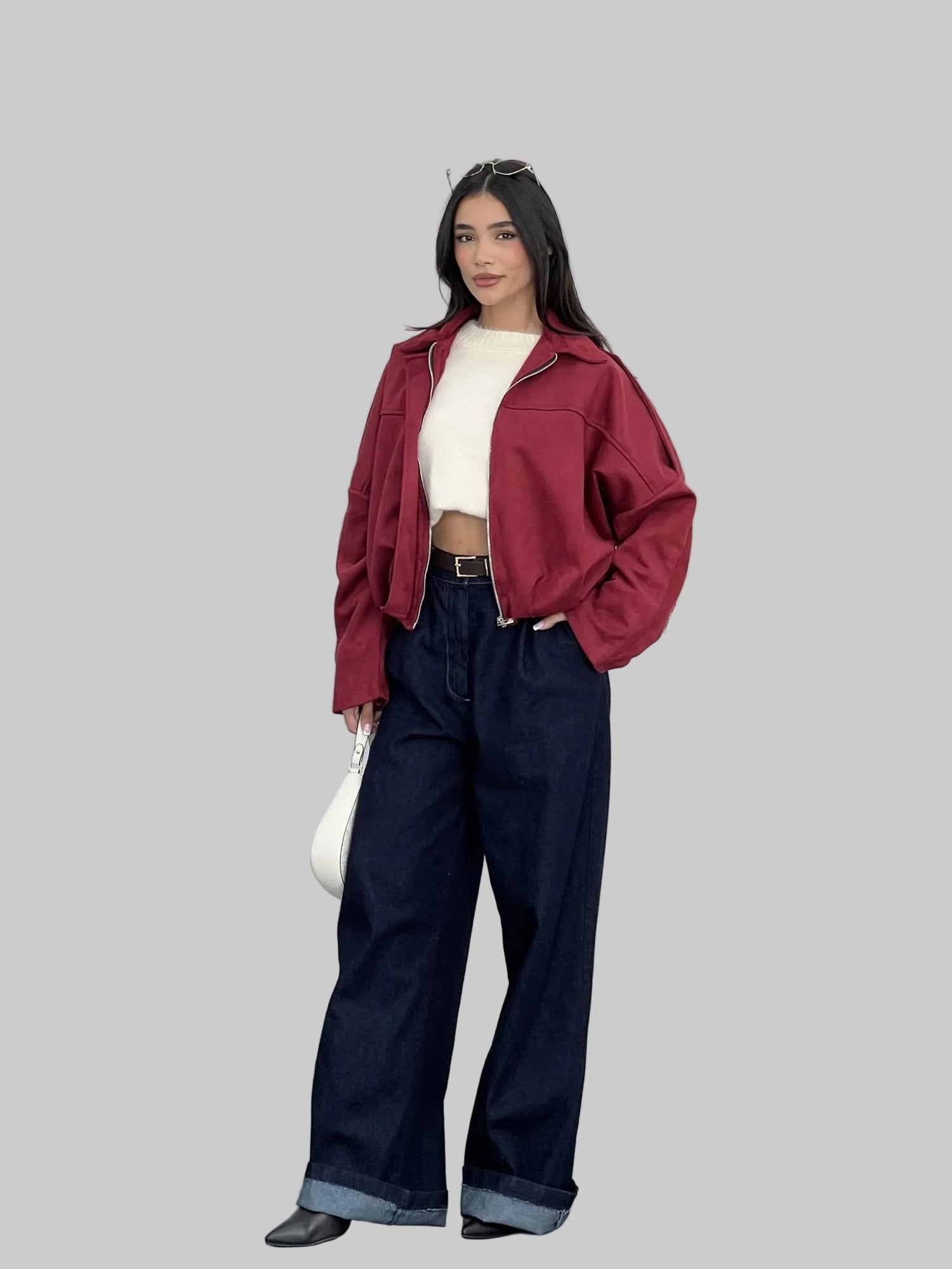 Bomber Style Faux Suede Cropped Zip Jacket