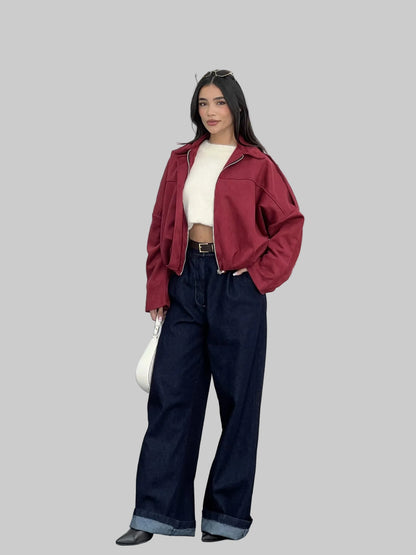 Bomber Style Faux Suede Cropped Zip Jacket