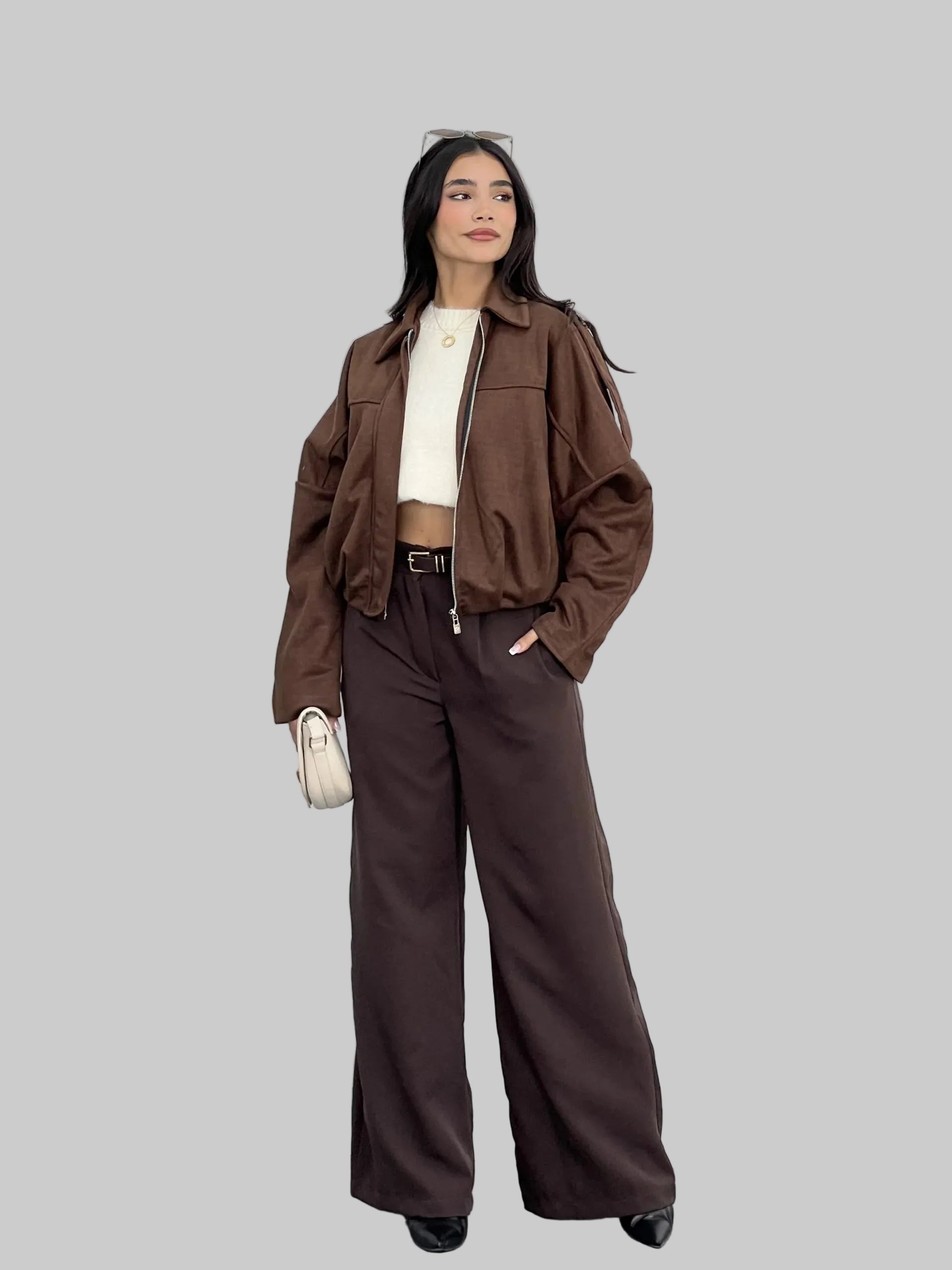 Bomber Style Faux Suede Cropped Zip Jacket