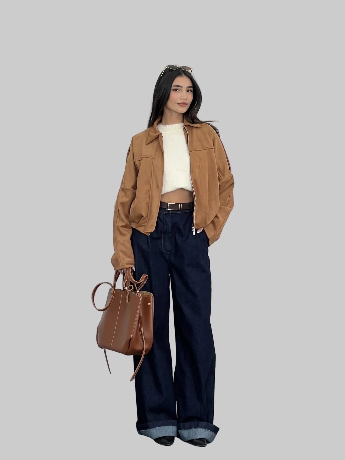 Bomber Style Faux Suede Cropped Zip Jacket