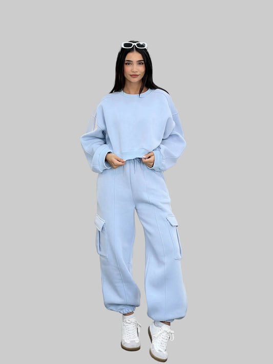 Casual Matching Set - Crewneck Top with Oversized Cargo Pocket Pants