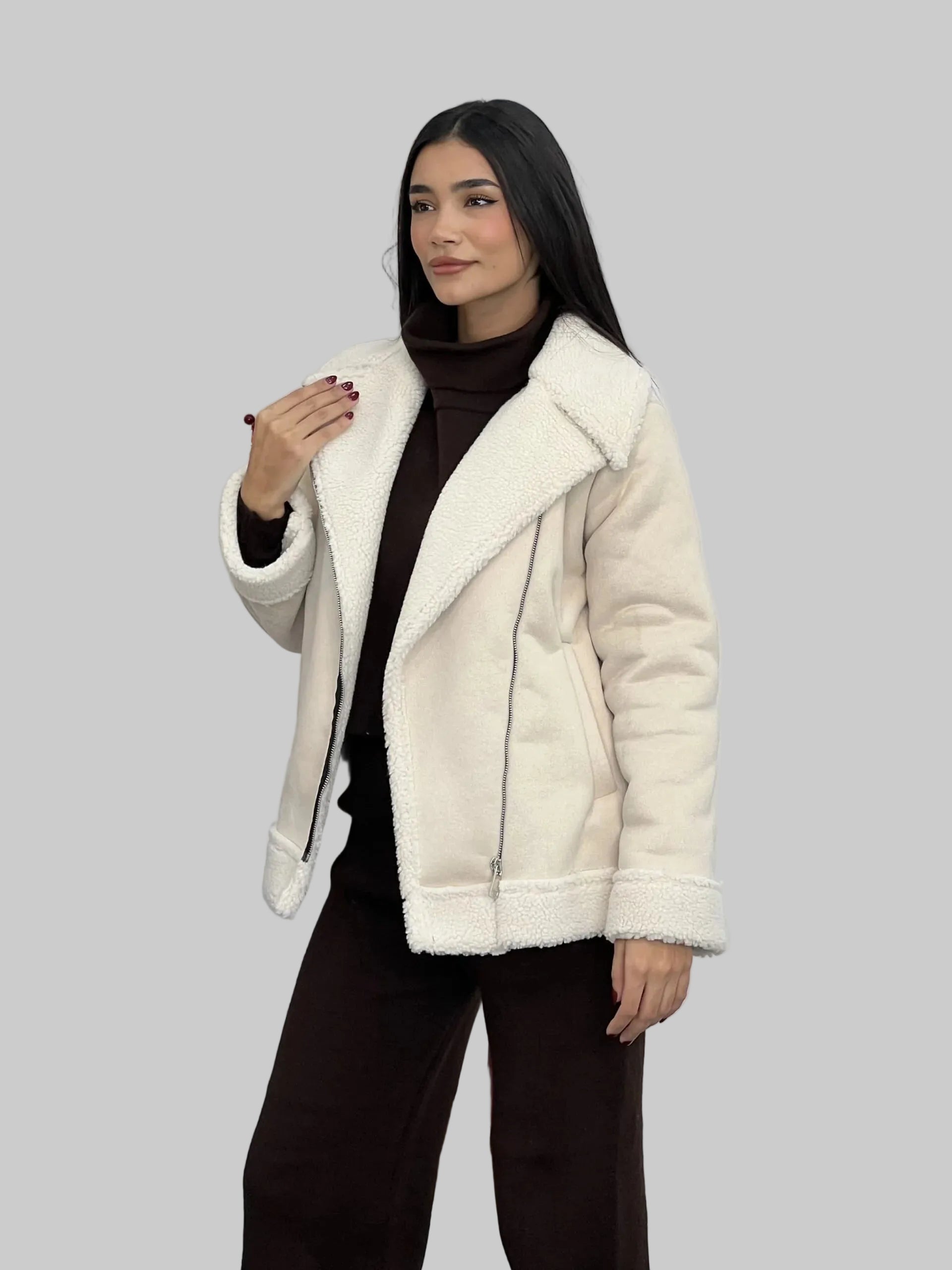 Cozy Shearling Trim Biker Jacket