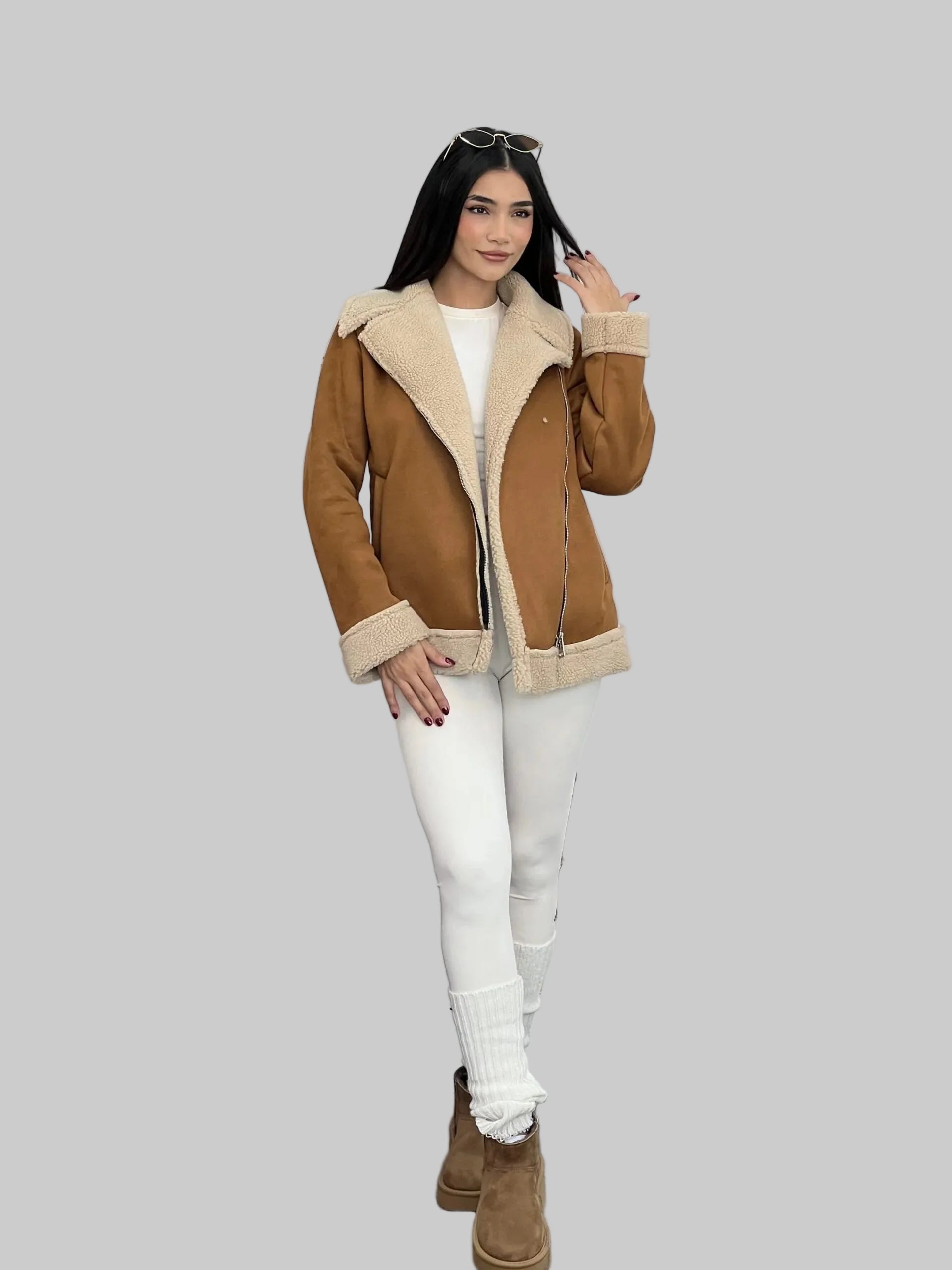 Cozy Shearling Trim Biker Jacket