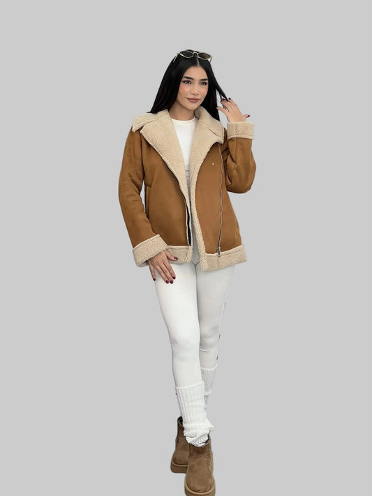 Cozy Shearling Trim Biker Jacket