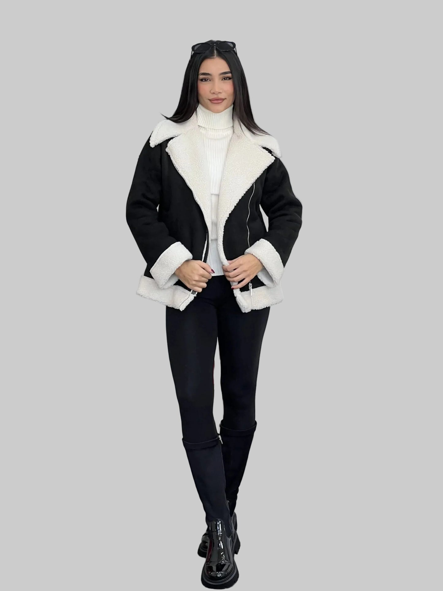 Cozy Shearling Trim Biker Jacket