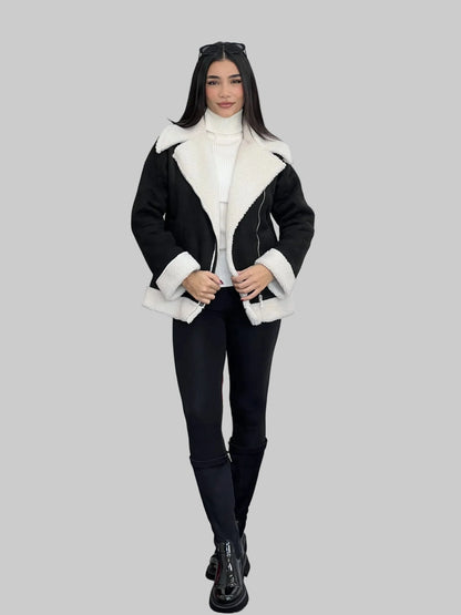 Cozy Shearling Trim Biker Jacket