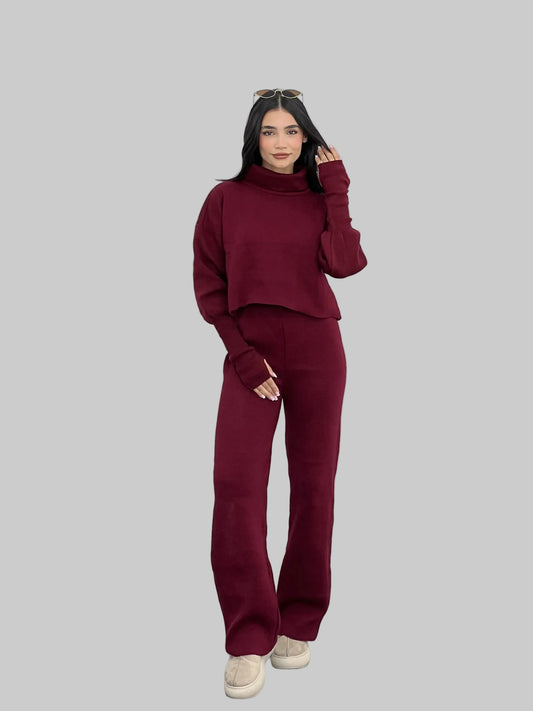 Knit Two-Piece Set - Cropped Turtleneck Sweater and Wide-Leg Pants