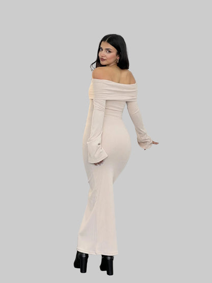 Off-the-Shoulder Ribbed Knit Long Sleeve Maxi Dress