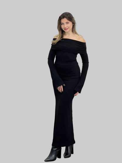 Off-the-Shoulder Ribbed Knit Long Sleeve Maxi Dress