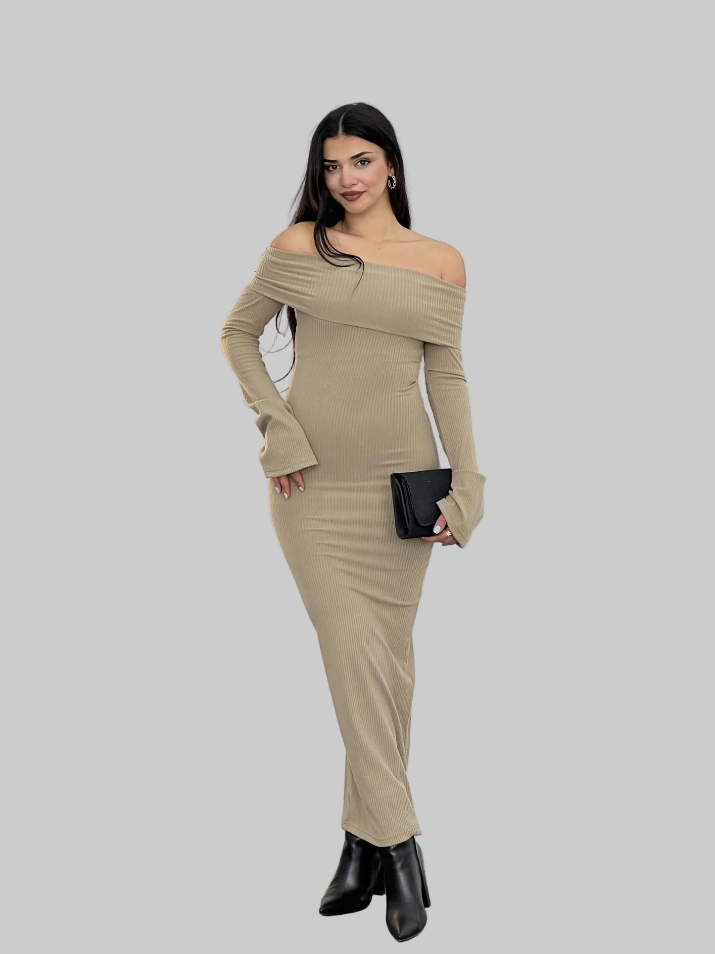 Off-the-Shoulder Ribbed Knit Long Sleeve Maxi Dress