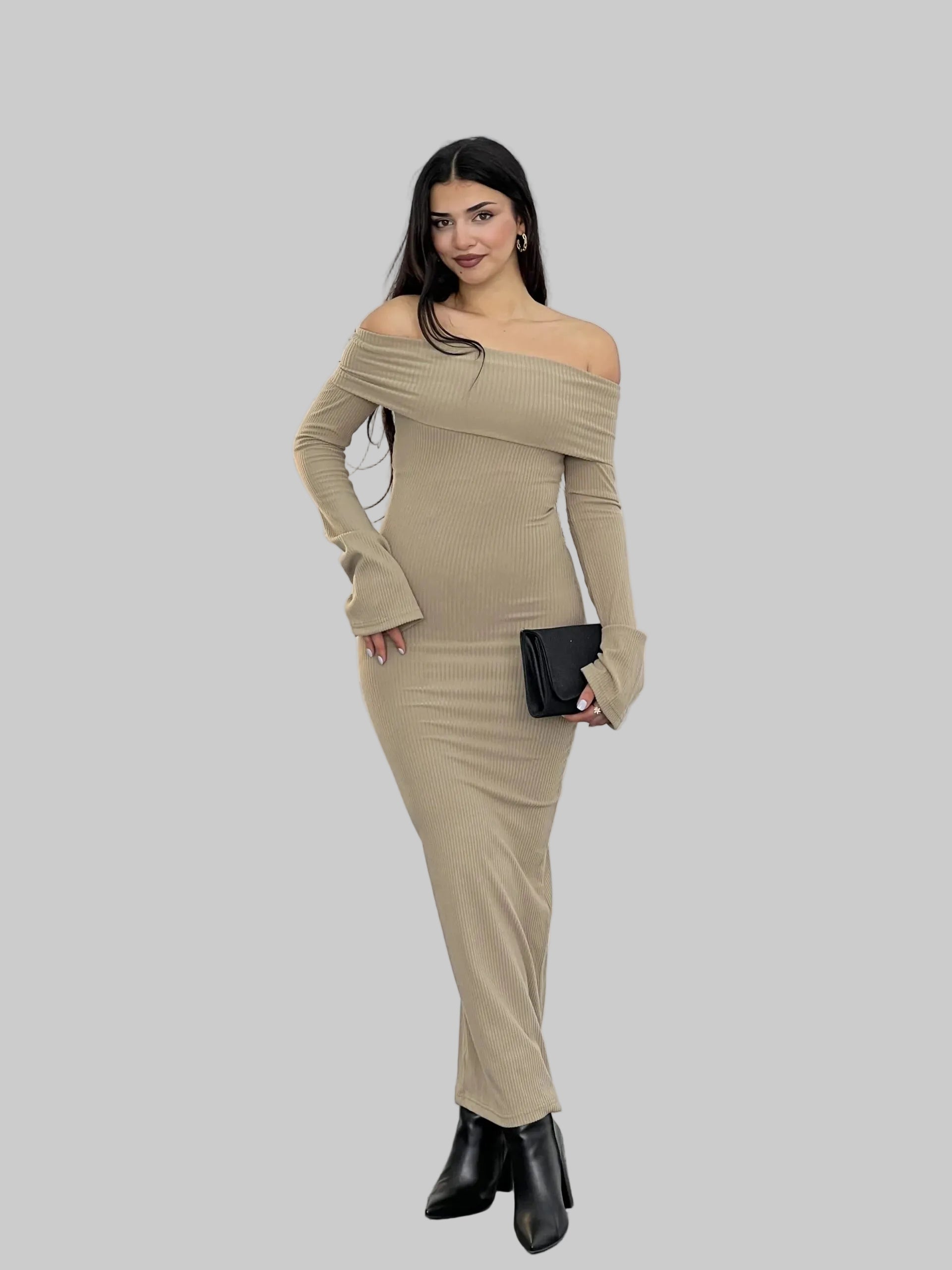 Off-the-Shoulder Ribbed Knit Long Sleeve Maxi Dress