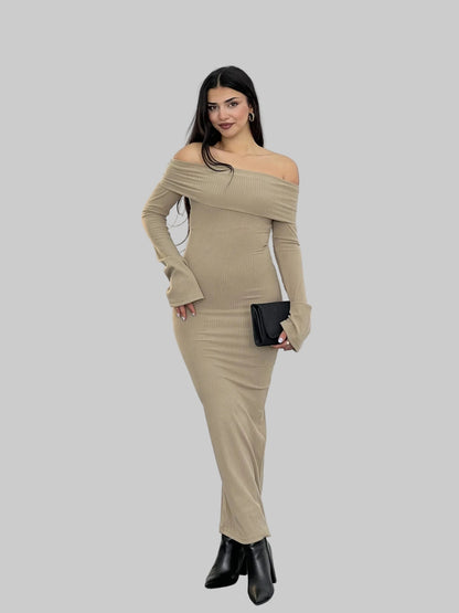 Off-the-Shoulder Ribbed Knit Long Sleeve Maxi Dress