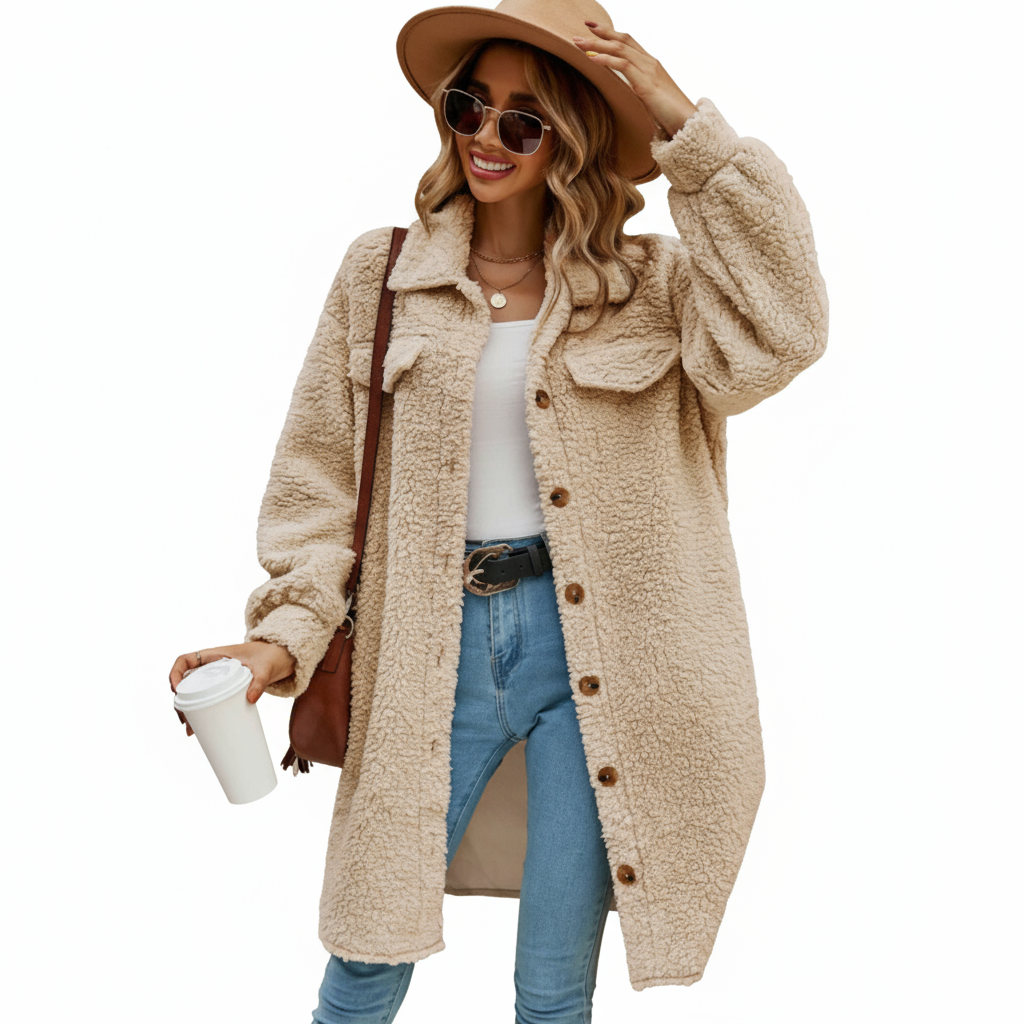 Woman wearing a beige teddy coat, blue jeans, and a brown hat, holding a coffee cup.