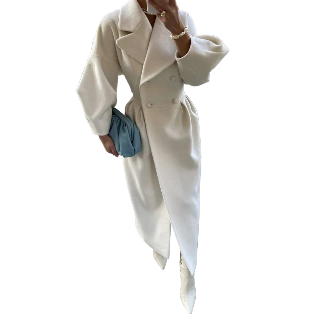 Person wearing a white coat on a tiled pavement.