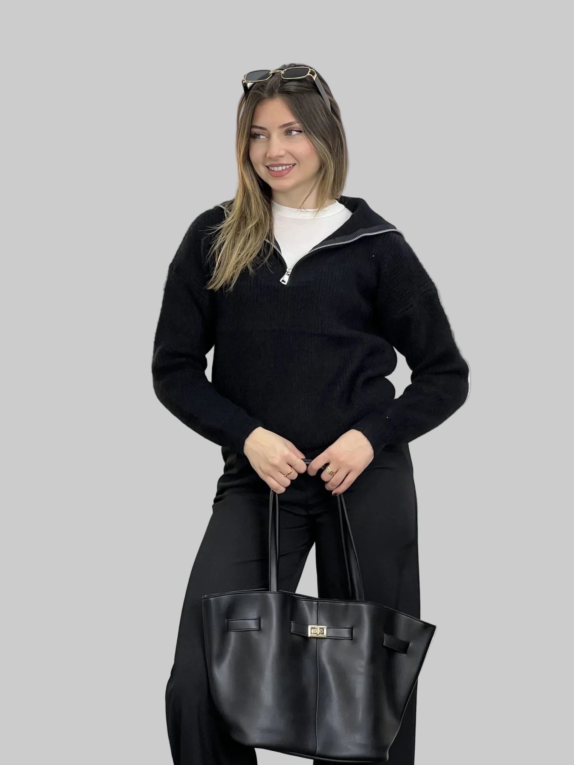 Quarter-Zip Pullover Sweater with Ribbed Hem