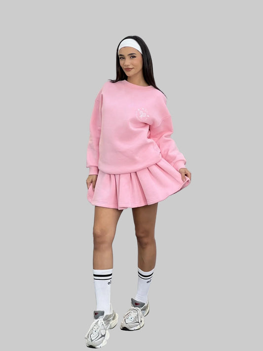 Sporty Casual Matching Set - Long Sleeve Sweatshirt and Mini Skater Skirt