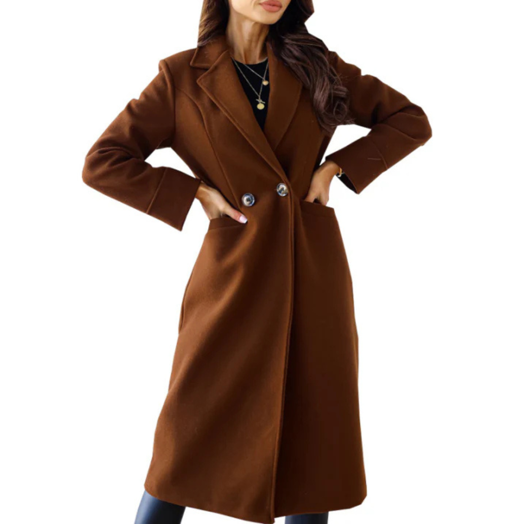 Brown coat worn by a person on a white background