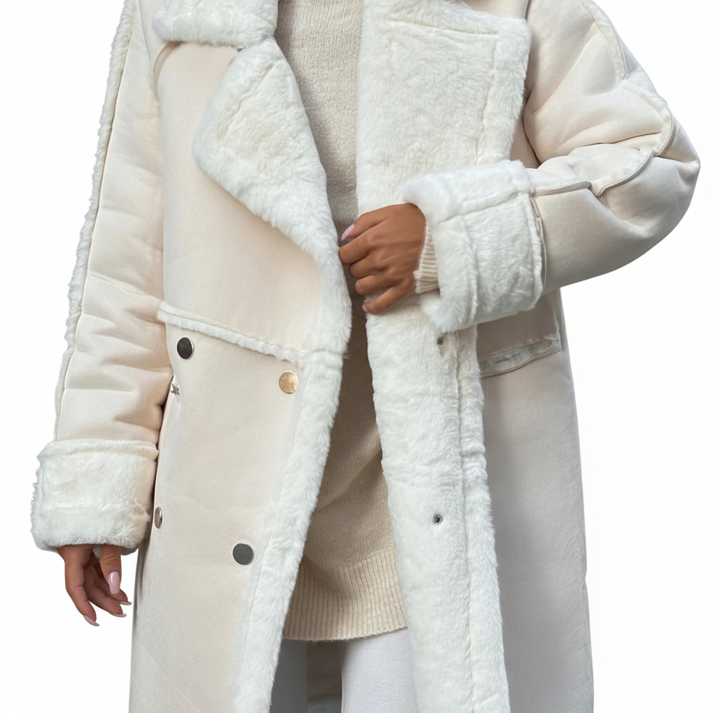 White coat with fur lining worn by a person, standing against a neutral background.