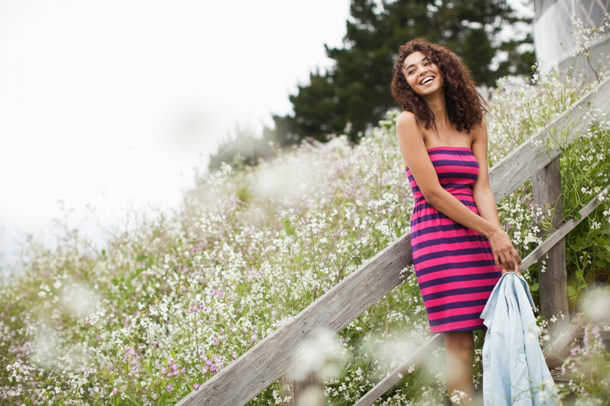 Woman in a blue dress sitting on a wooden staircase surrounded by flowers