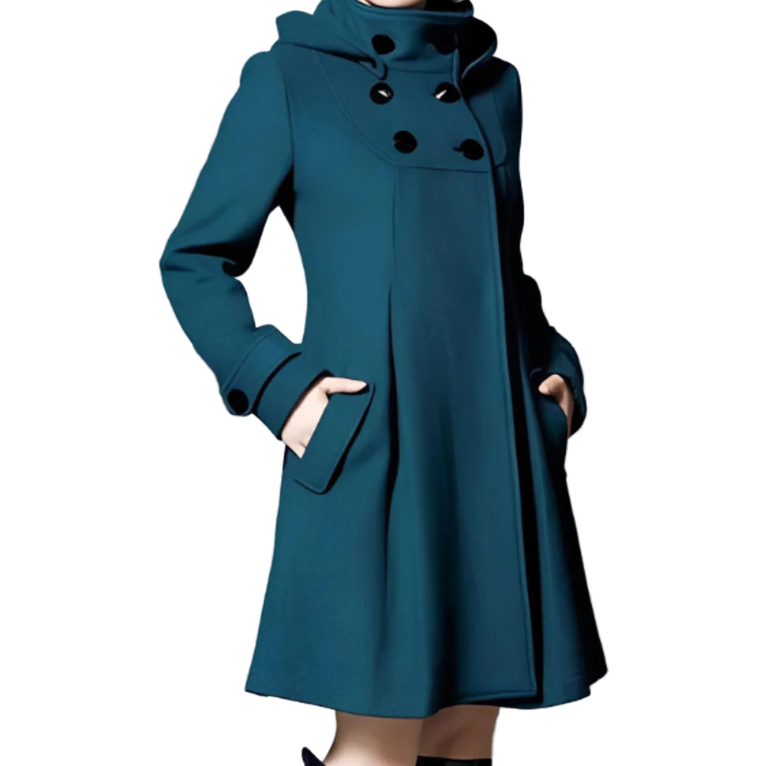 Teal coat with black buttons on a gray background