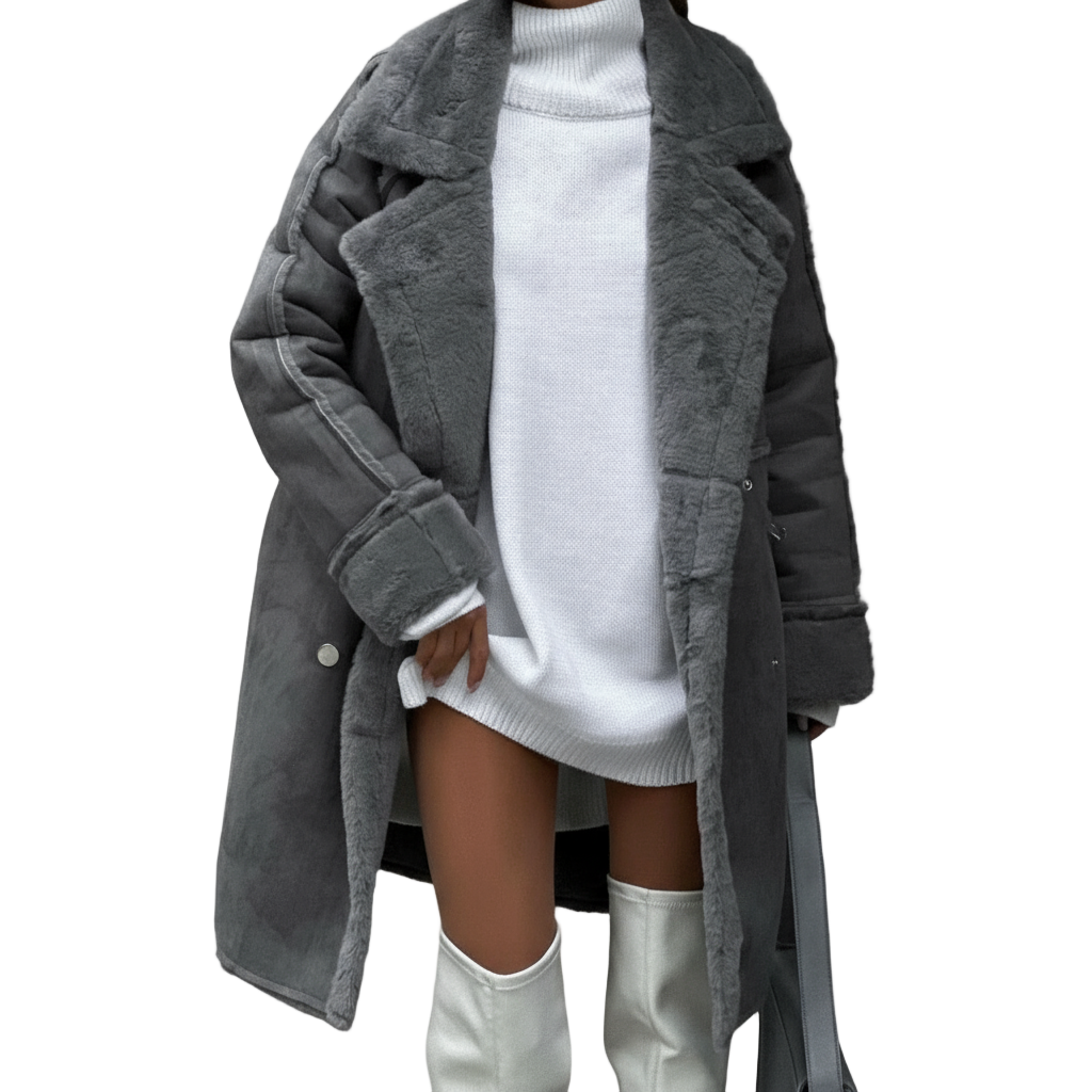 Person wearing a gray coat over a white sweater and white boots against a plain background