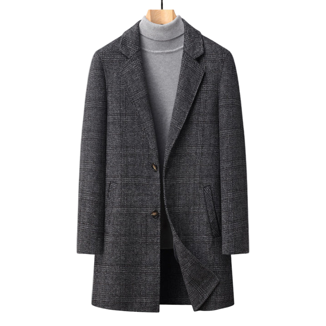 Gray checkered coat on a mannequin against a gray background