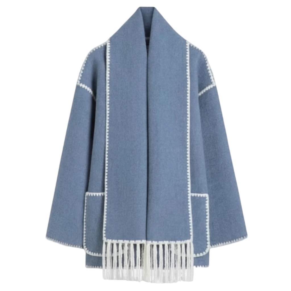 Blue scarf with white trim on a white background