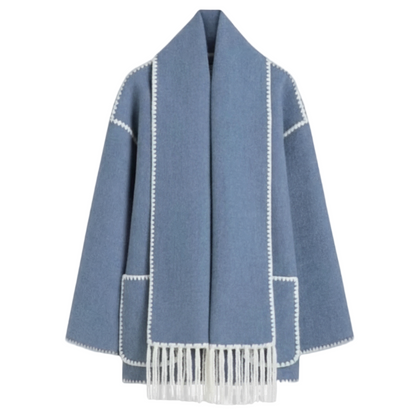 Blue scarf with white trim on a white background