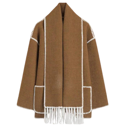 Brown scarf with white trim on a white background