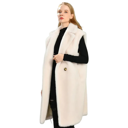 Woman wearing a long white fur coat against a gray background