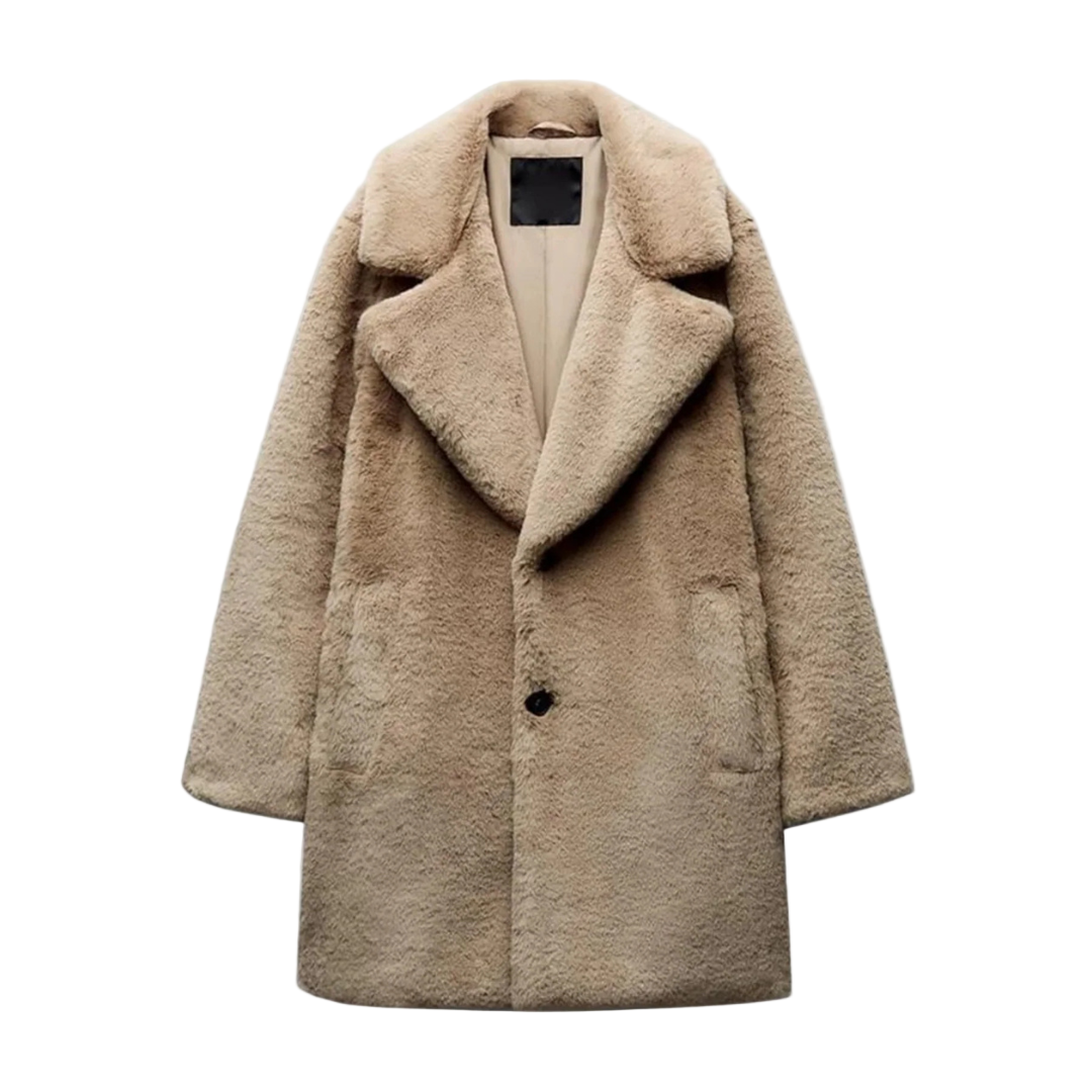 Beige coat with a collar on a light gray background